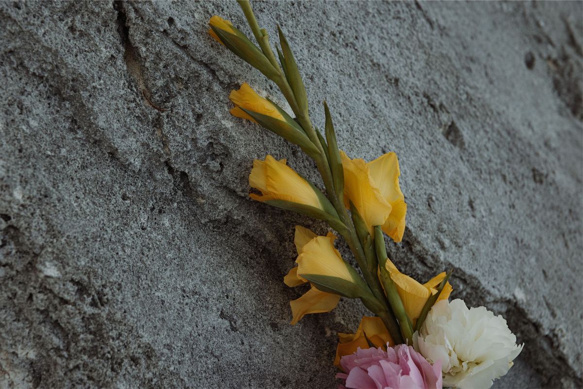 Yellow gladiolus and pale blooms laid across grey beach rock