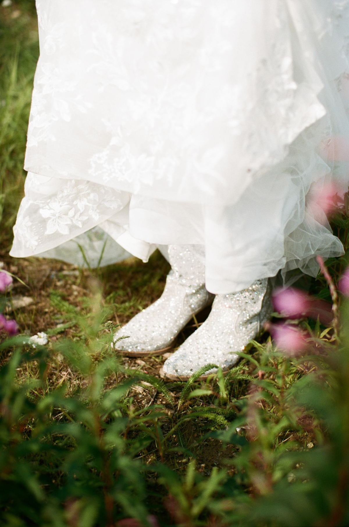 Glitter cowboy boots standing in a field of fireweed, shot on film