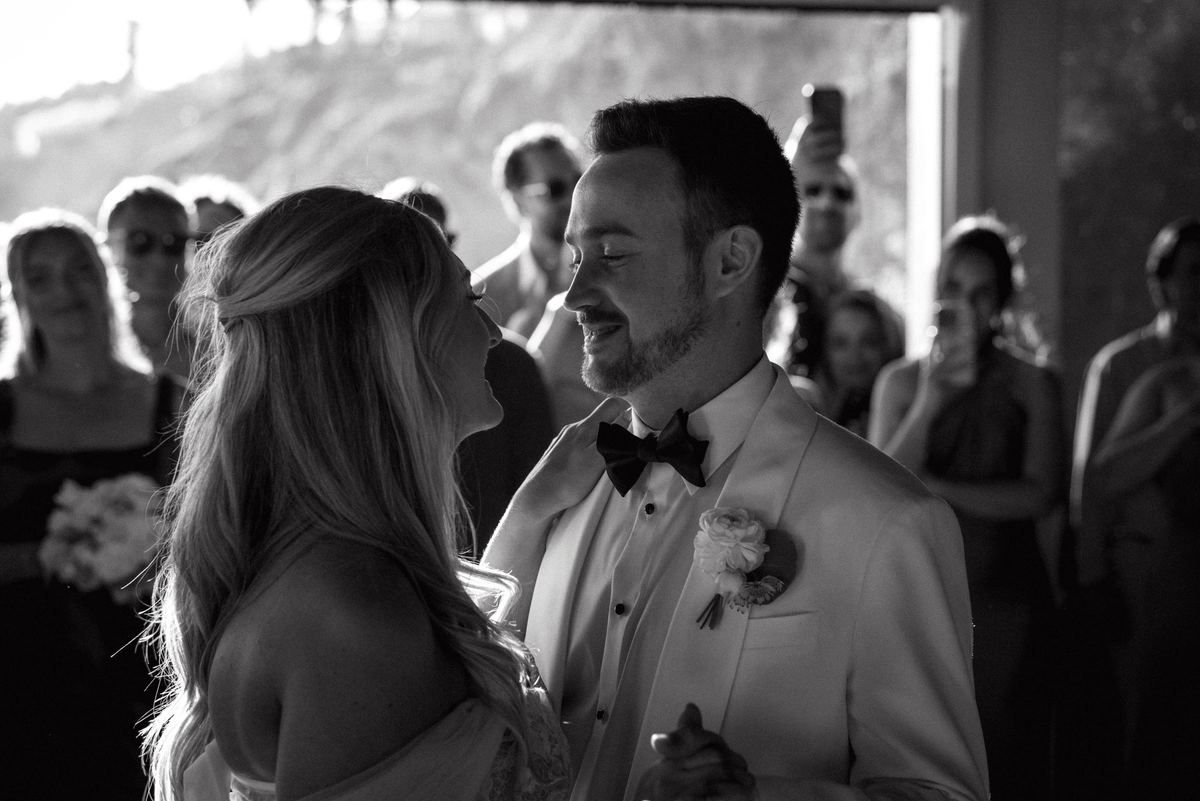 Black and white closeup of first dance at Bermuda wedding