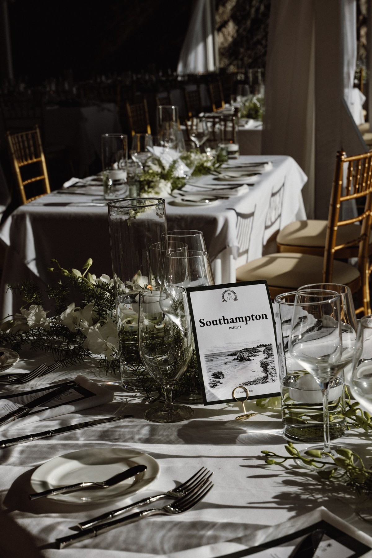 Detail tablescape with Southampton Parish table card at Bermuda wedding reception
