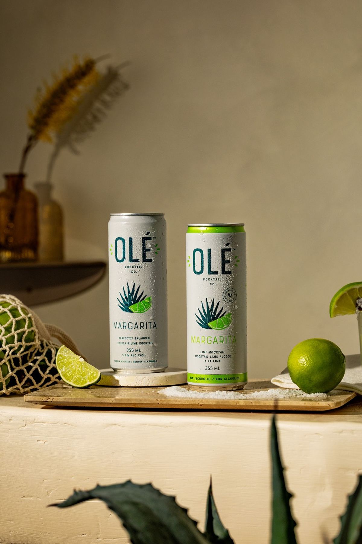Two canned tequila cocktails styled on a stone ledge with lime and agave leaves