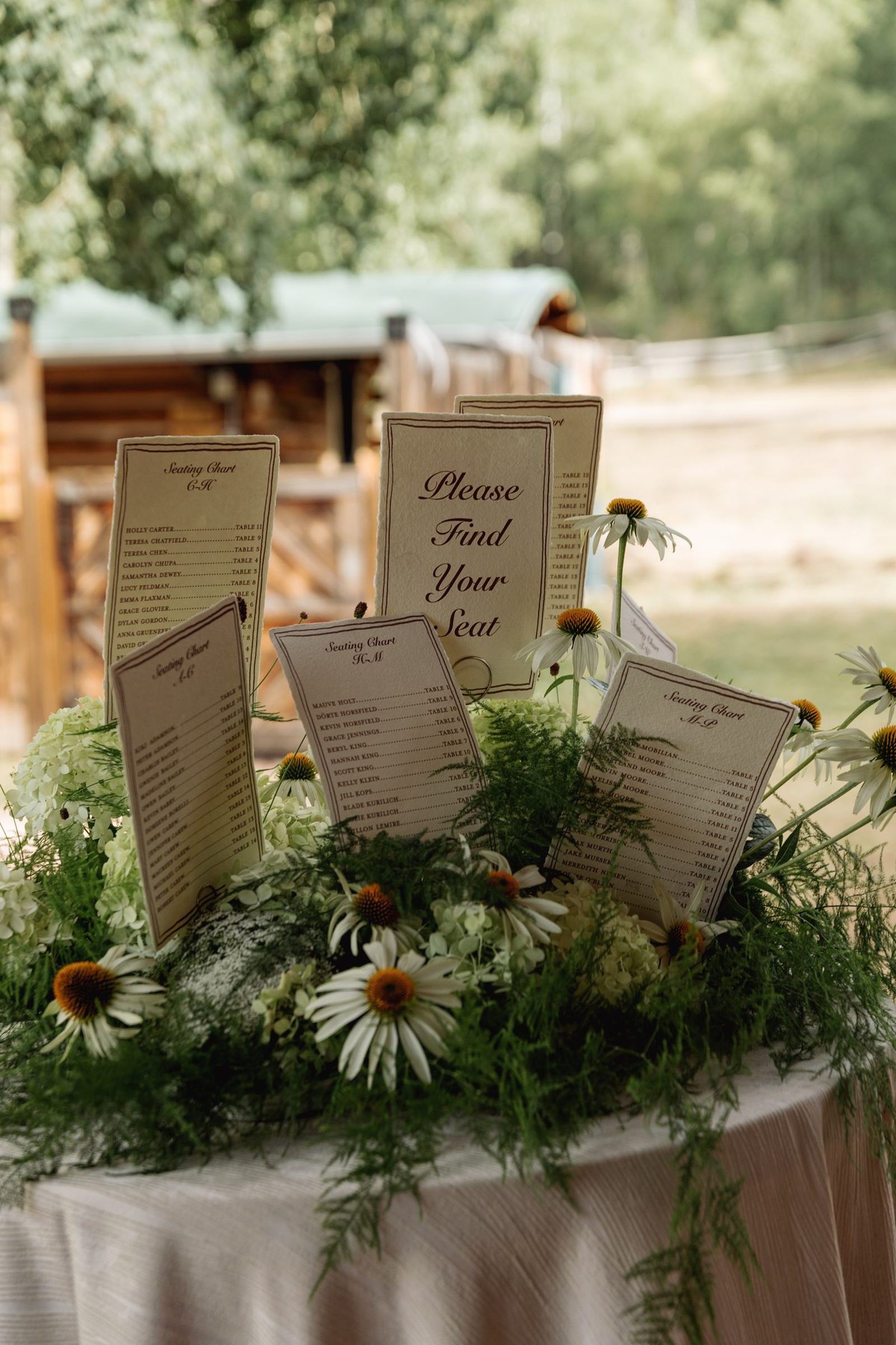 The seating chart nestled in wildflowers and daisies at a mountain ranch among the aspens