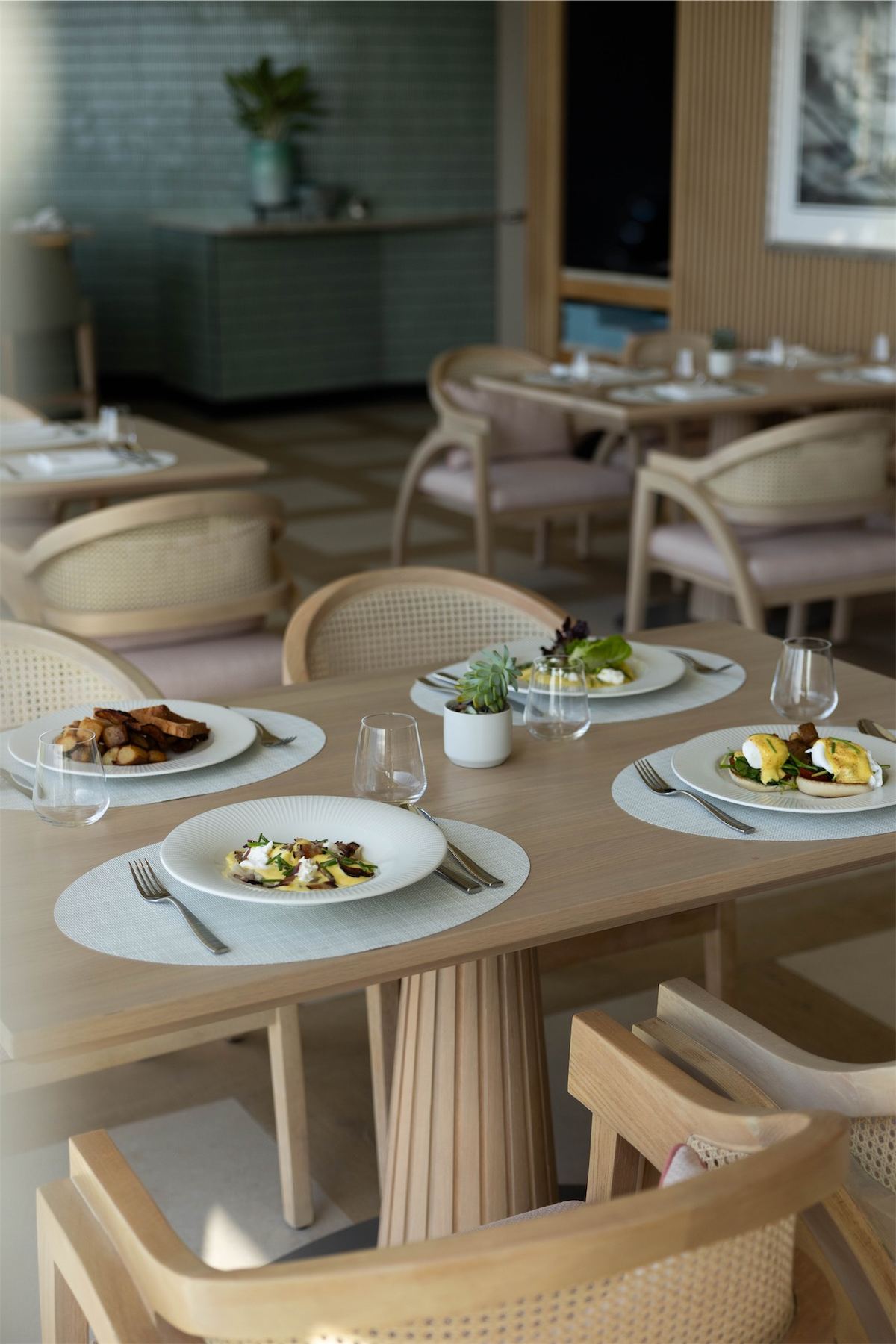 Bright dining room with rattan chairs and plated lunches ready on the tables