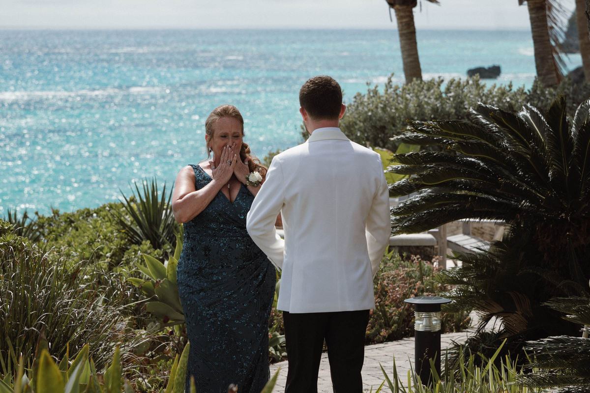 Emotional first look reaction between bride and groom at Bermuda wedding