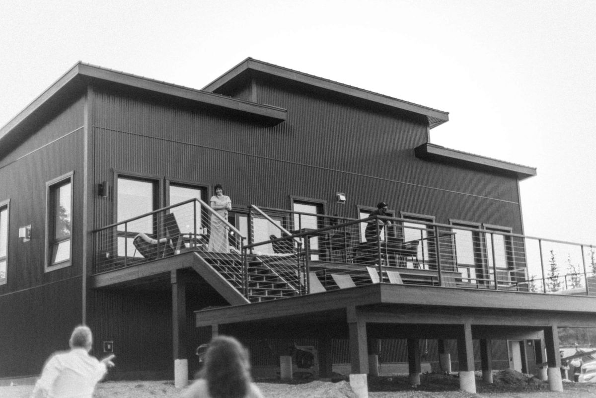 Black and white photograph of the modern ridge top wedding venue