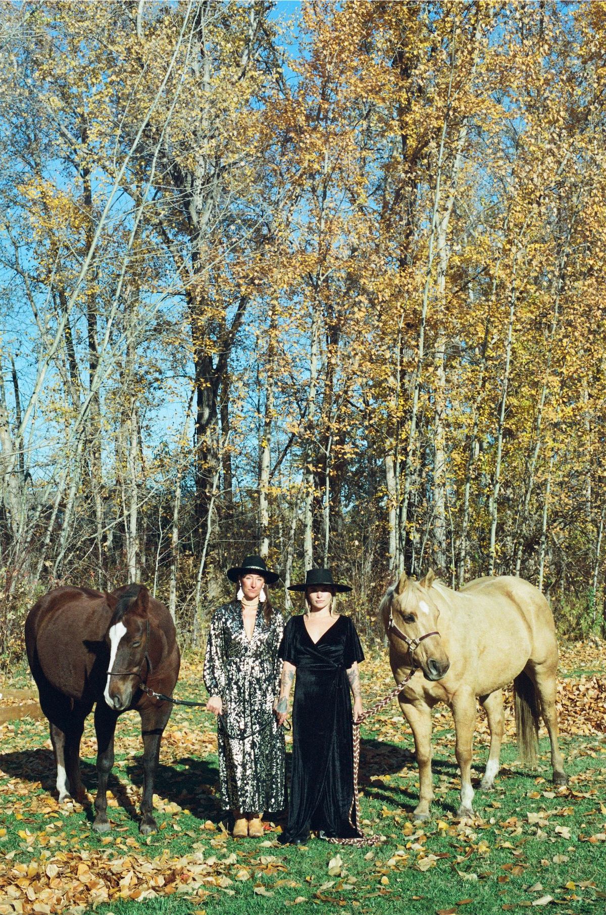 Bride and groom standing between two horses in front of autumn aspens