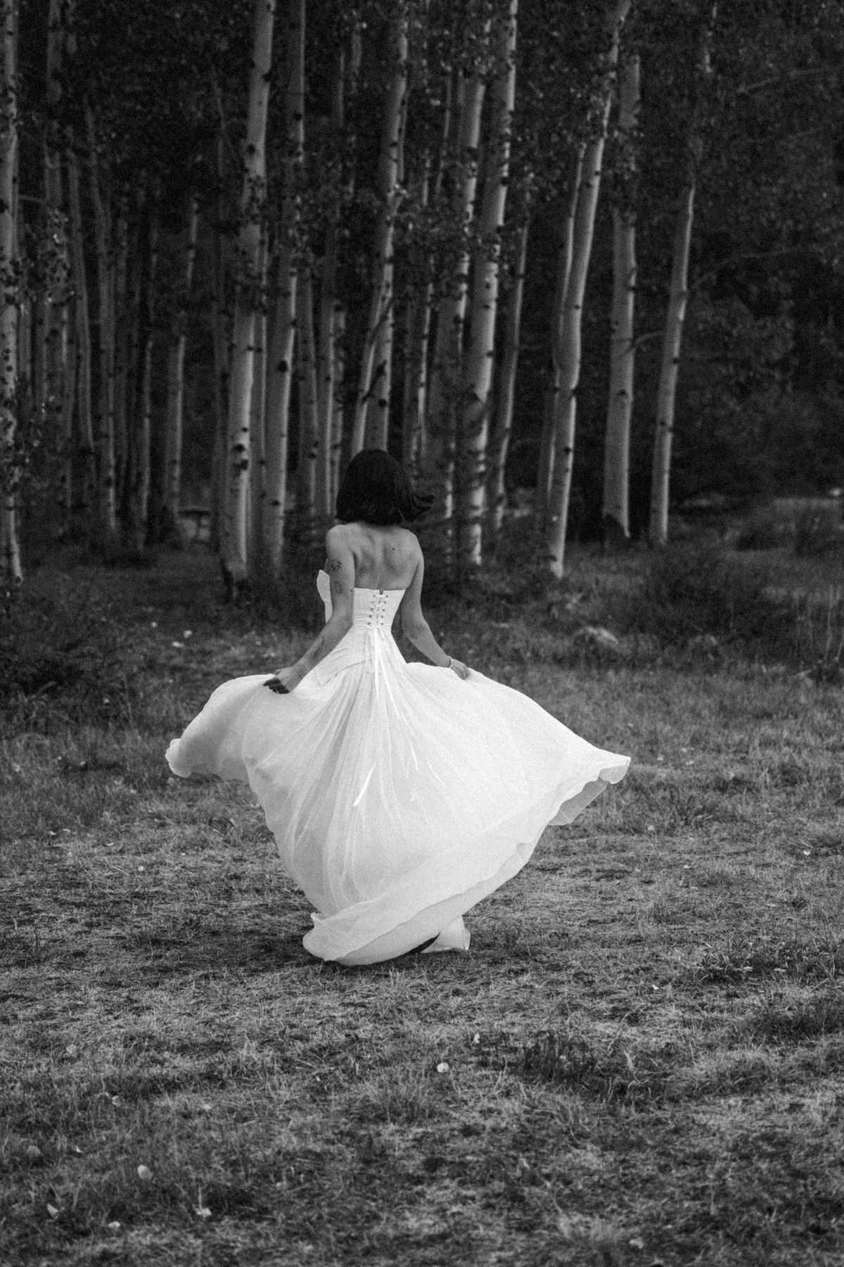 Devin twirls her gown walking into the aspens at a mountain ranch among the aspens, black and white