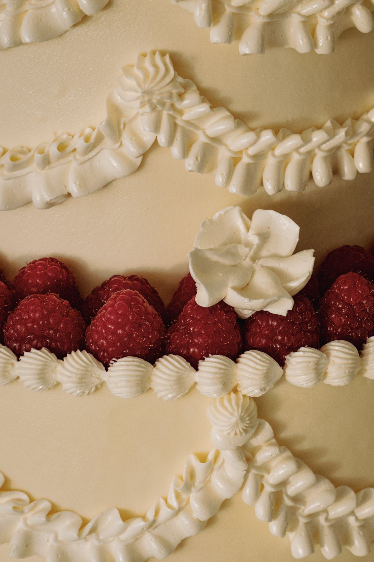 Close up of piped icing and raspberries on the wedding cake