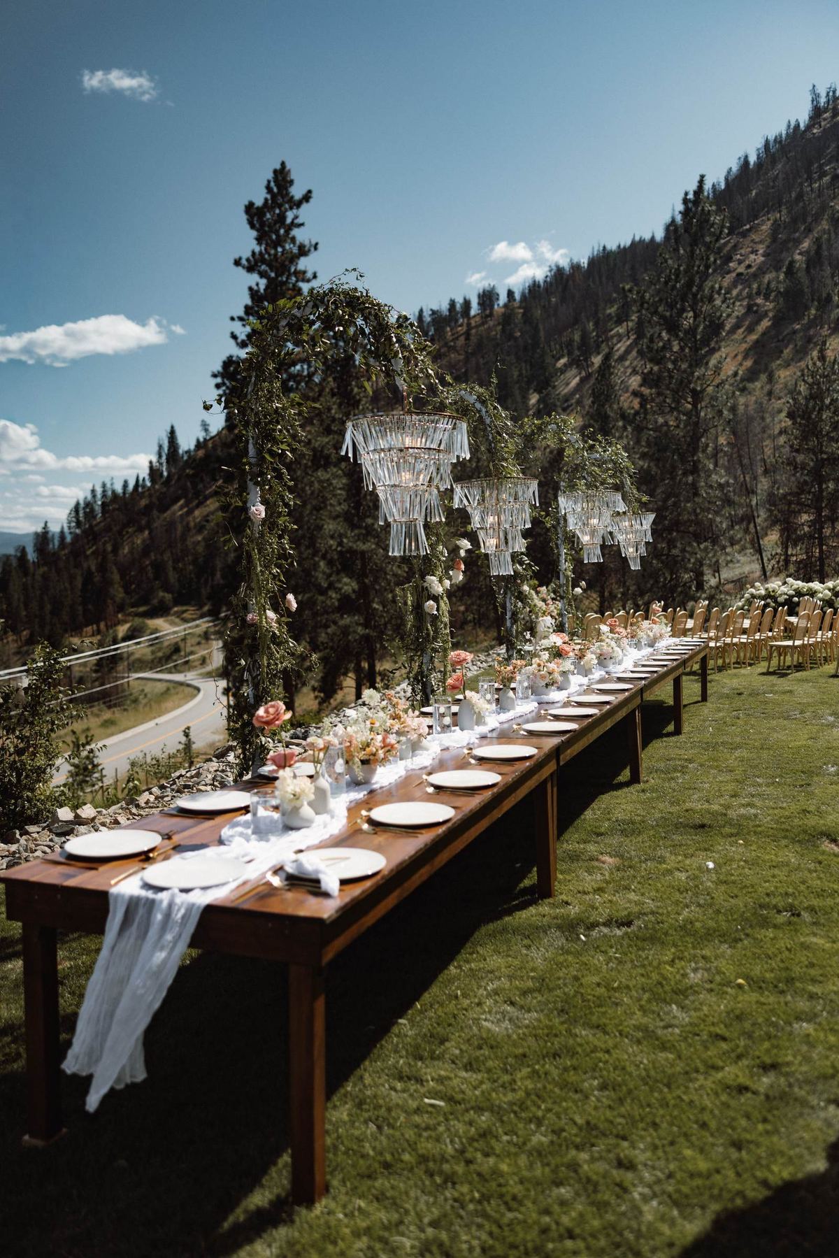 Long wooden reception table set on the lawn with the mountain behind