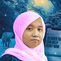 A portrait of Gracie, a young woman wearing a hijab. In the foreground is a scene of a protest, in the background is a phone showing an Instagram post with the words "10 WAYS YOU CAN HELP RIGHT NOW"