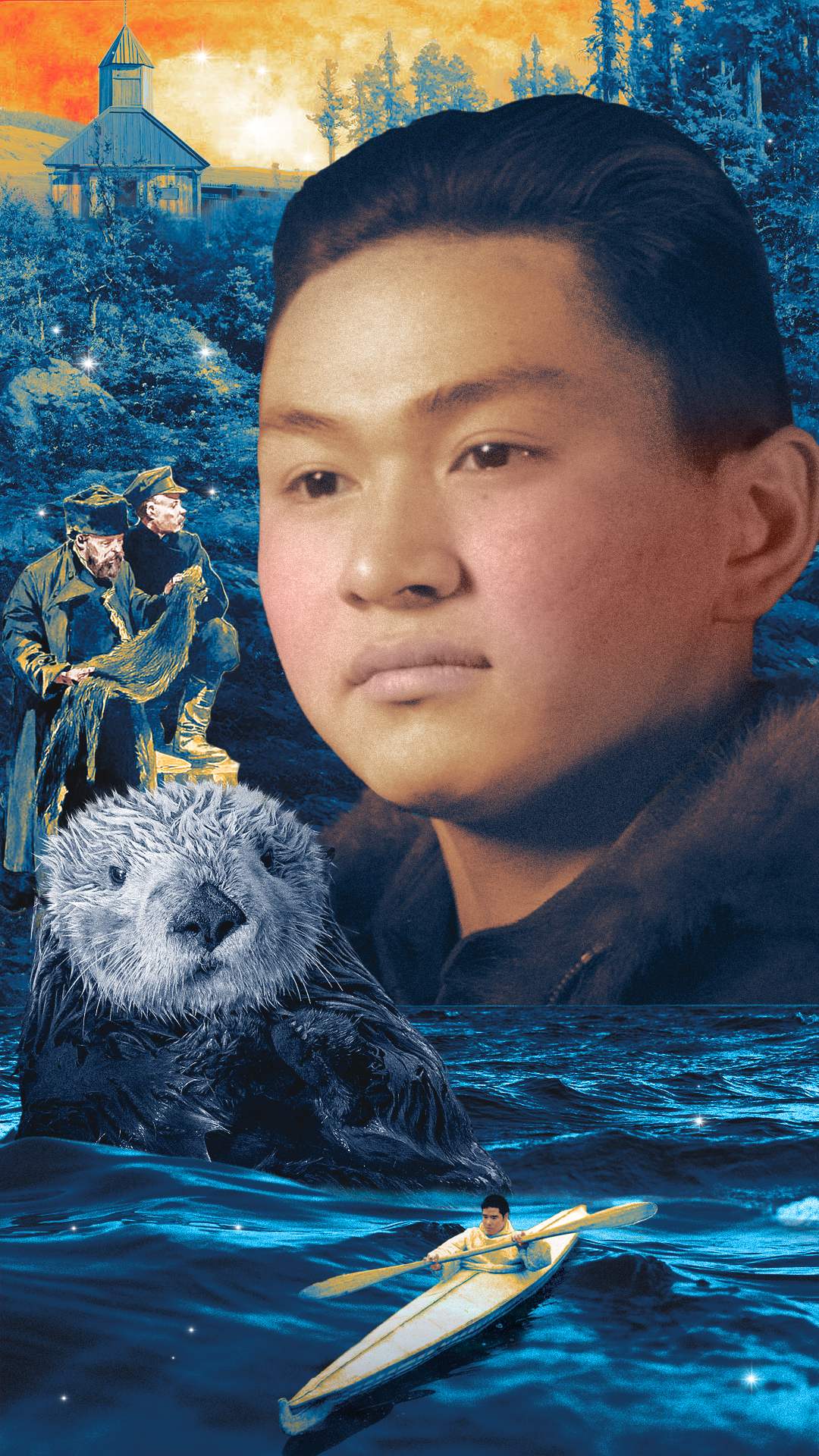 A portrait of Sam, a young Alaska Native man, and Otter, a sea otter. In the background is an image of an old wooden church at Fort Ross, as well as an image of two Russian fur trappers. In the foreground is an image of a young man in a kayak.