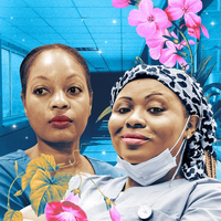 A portrait of Karen and Barbara, two middle-aged Black women wearing scrubs. In the background is an image of a hospital hallway, in the foreground is an image of an ambulance and two nurses talking.