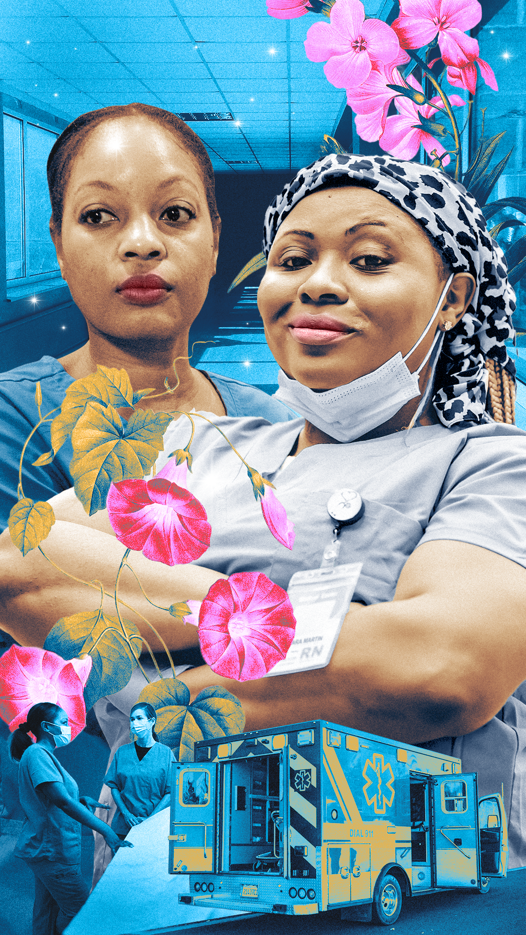 A portrait of Karen and Barbara, two middle-aged Black women wearing scrubs. In the background is an image of a hospital hallway, in the foreground is an image of an ambulance and two nurses talking.