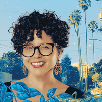 Portrait of Favianna Rodriguez, with Oakland streets in the background and an aerial view of I-880 in the foreground