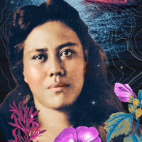 A portrait of Leilani with flowers in the foreground and the Hōkūleʻa in the background