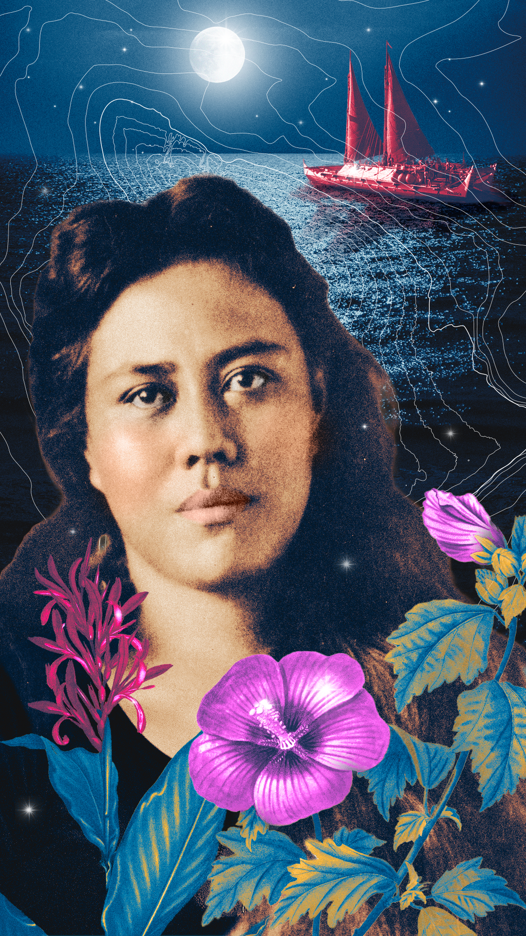 A portrait of Leilani with flowers in the foreground and the Hōkūleʻa in the background