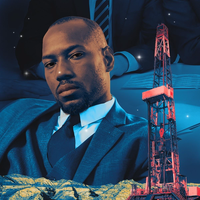 A portrait of Clark, a Black man in a suit and tie. In the foreground is an image of a farm and an oil tower.