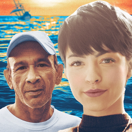 A portrait of Gerald and Lucy, a young woman with short hair and a nose ring, and an older man wearing a baseball cap. In the background is an image of a sunset over water, with an old-style sailing ship on the horizon. In the foreground is an image of two men harvesting oysters in a boat.