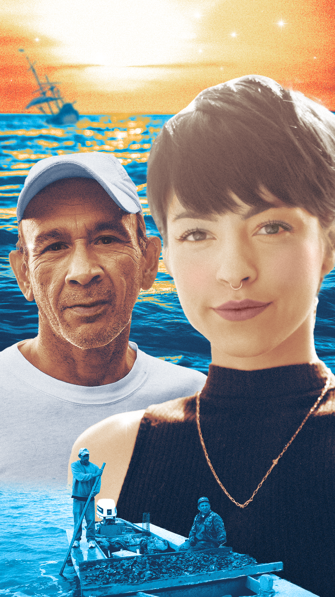 A portrait of Gerald and Lucy, a young woman with short hair and a nose ring, and an older man wearing a baseball cap. In the background is an image of a sunset over water, with an old-style sailing ship on the horizon. In the foreground is an image of two men harvesting oysters in a boat.