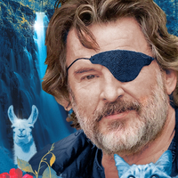 A portrait of Peter Illyn, a middle-aged white man with a beard and eyepatch. In the background is a waterfall, in the foreground is a cat and llama.