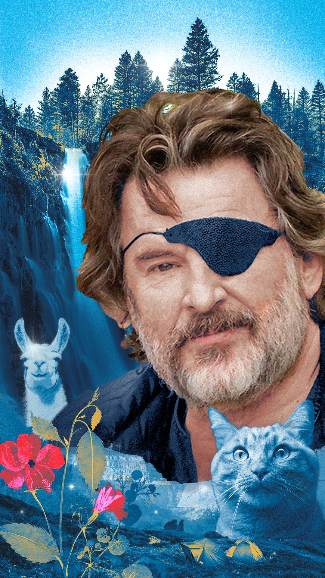 A portrait of Peter Illyn, a middle-aged white man with a beard and eyepatch. In the background is a waterfall, in the foreground is a cat and llama.