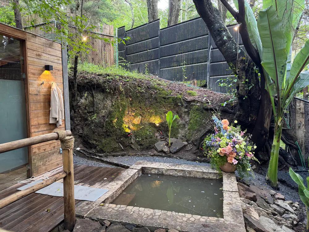 Wide view of the Natural Spring Mikvah at Attesi, framed by limestone cliffs and a forest canopy