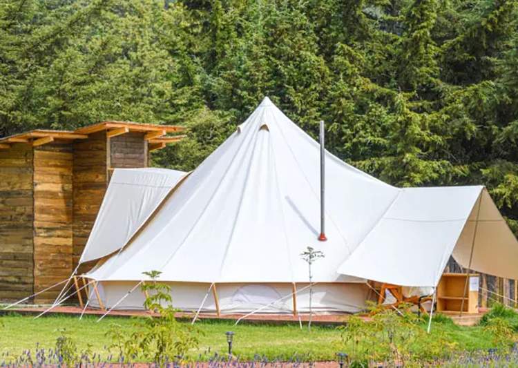 Glamping tent interior view from bed
