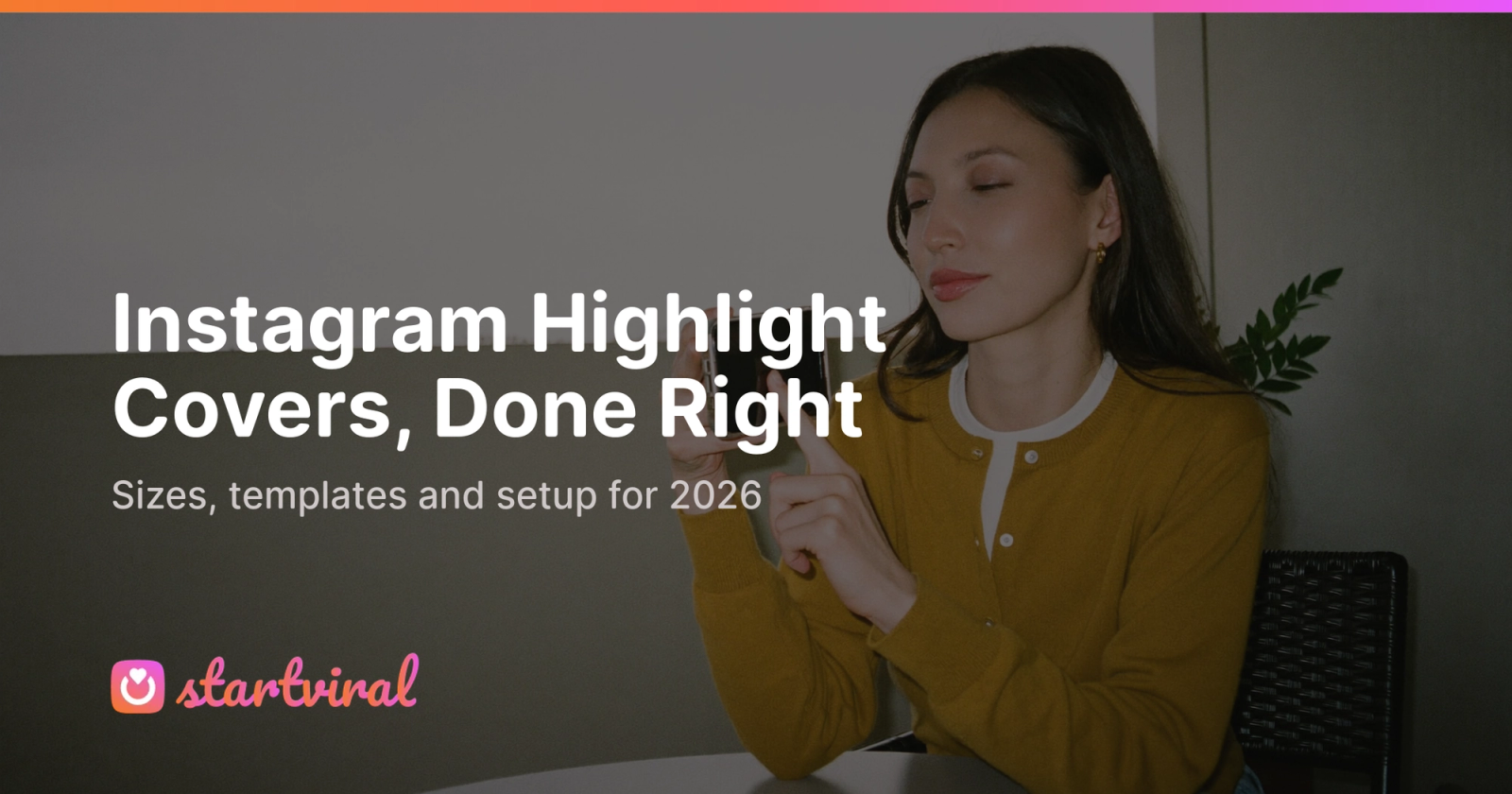 Young woman sits at a table on a balcony, designing an Instagram highlight cover on her phone.