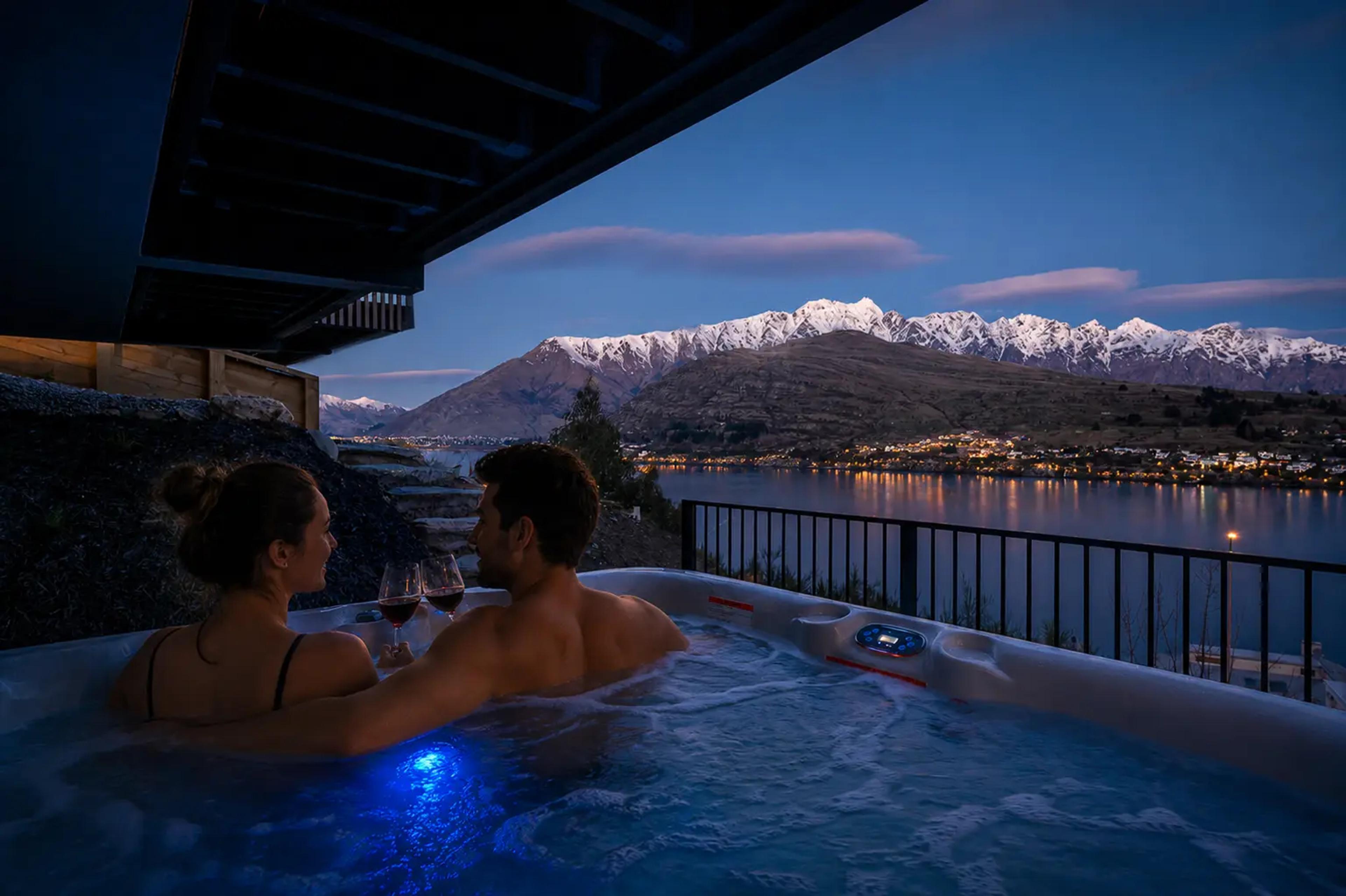 Couple relaxing in an outdoor hot pool with mountain views