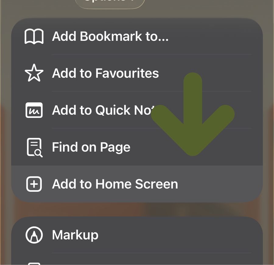 Mobile share menu in dark mode with a green arrow pointing to "Add to Home Screen".