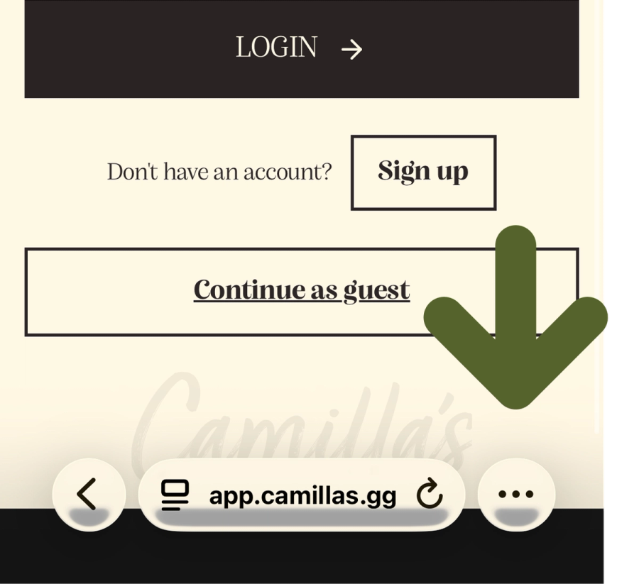 A mobile phone screen displaying the Camilla's Cafe ordering app with menu options including "Order Again," "Fruit Sodas" (showing a Sprite can), and "Milkshakes."