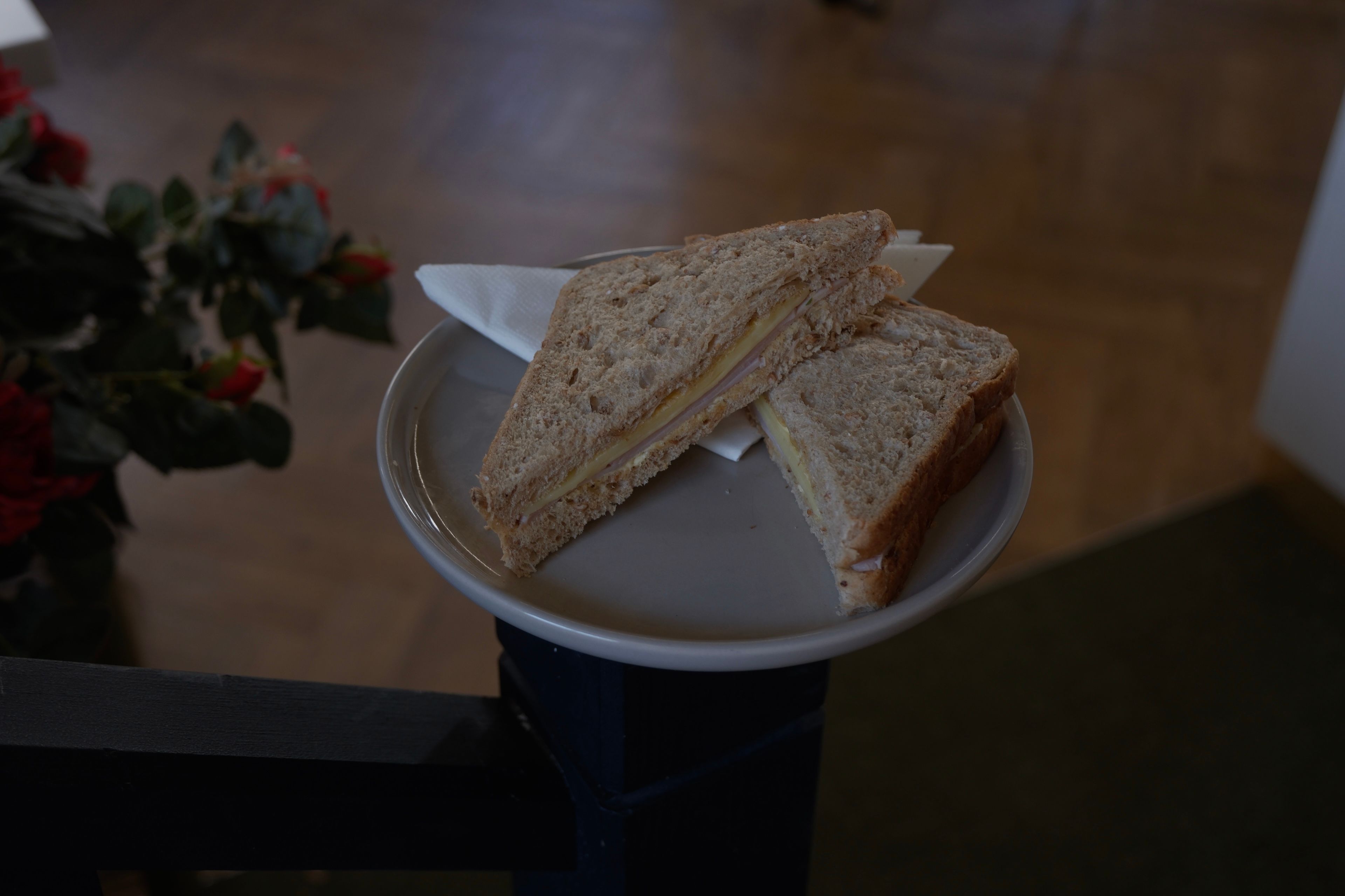 A toasted ham and cheddar sandwich