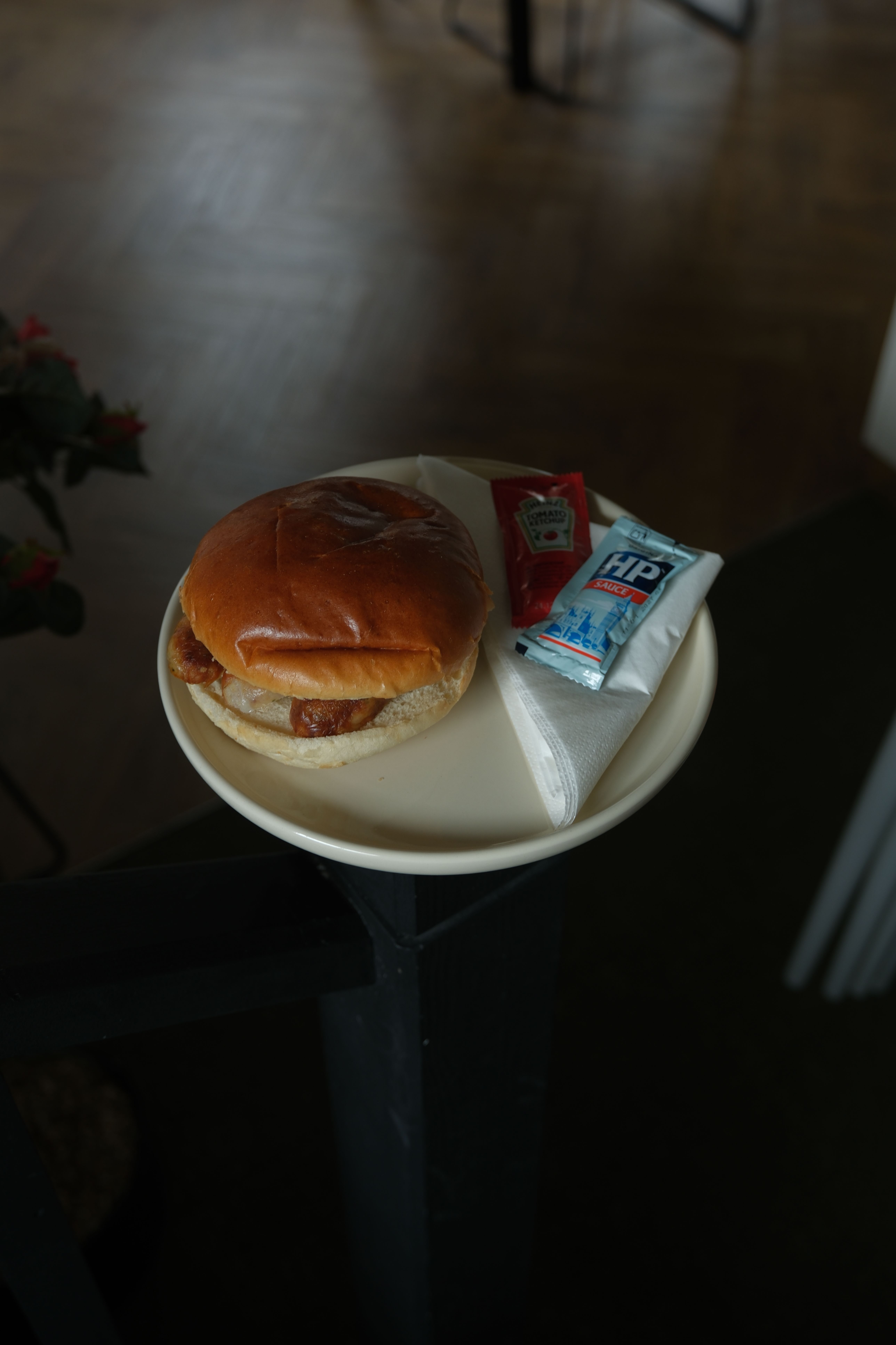 A soft bap filled with bacon or sausage