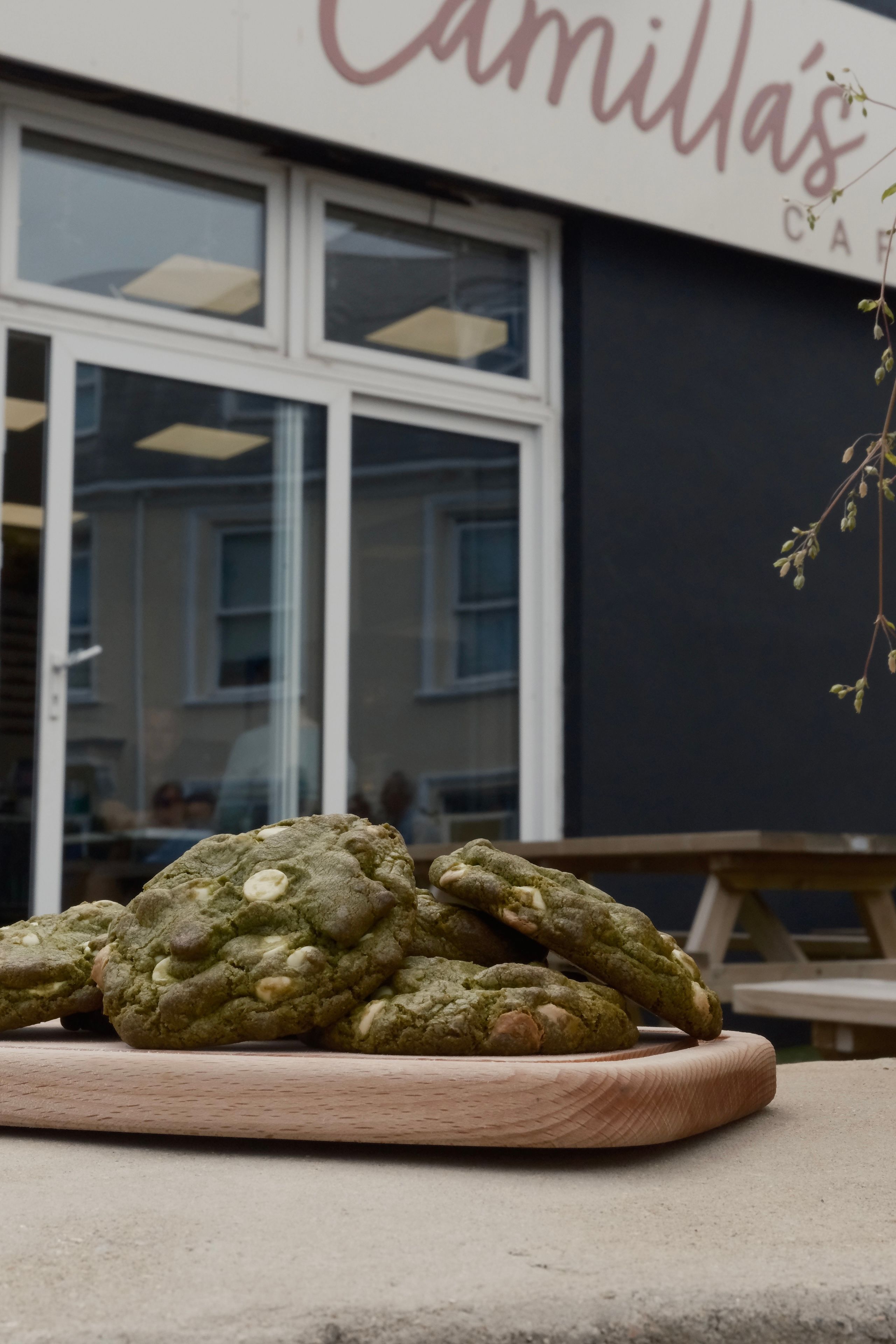 A matcha white chocolate cookie