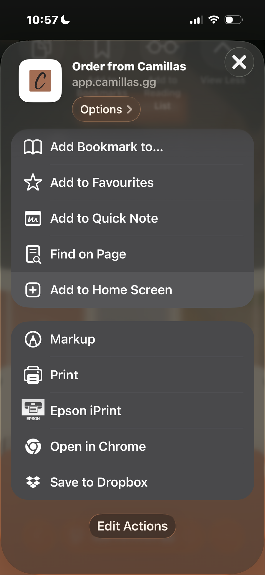 An iOS share sheet for "Order from Camillas" with options such as Add Bookmark, Print, and Save to Dropbox.