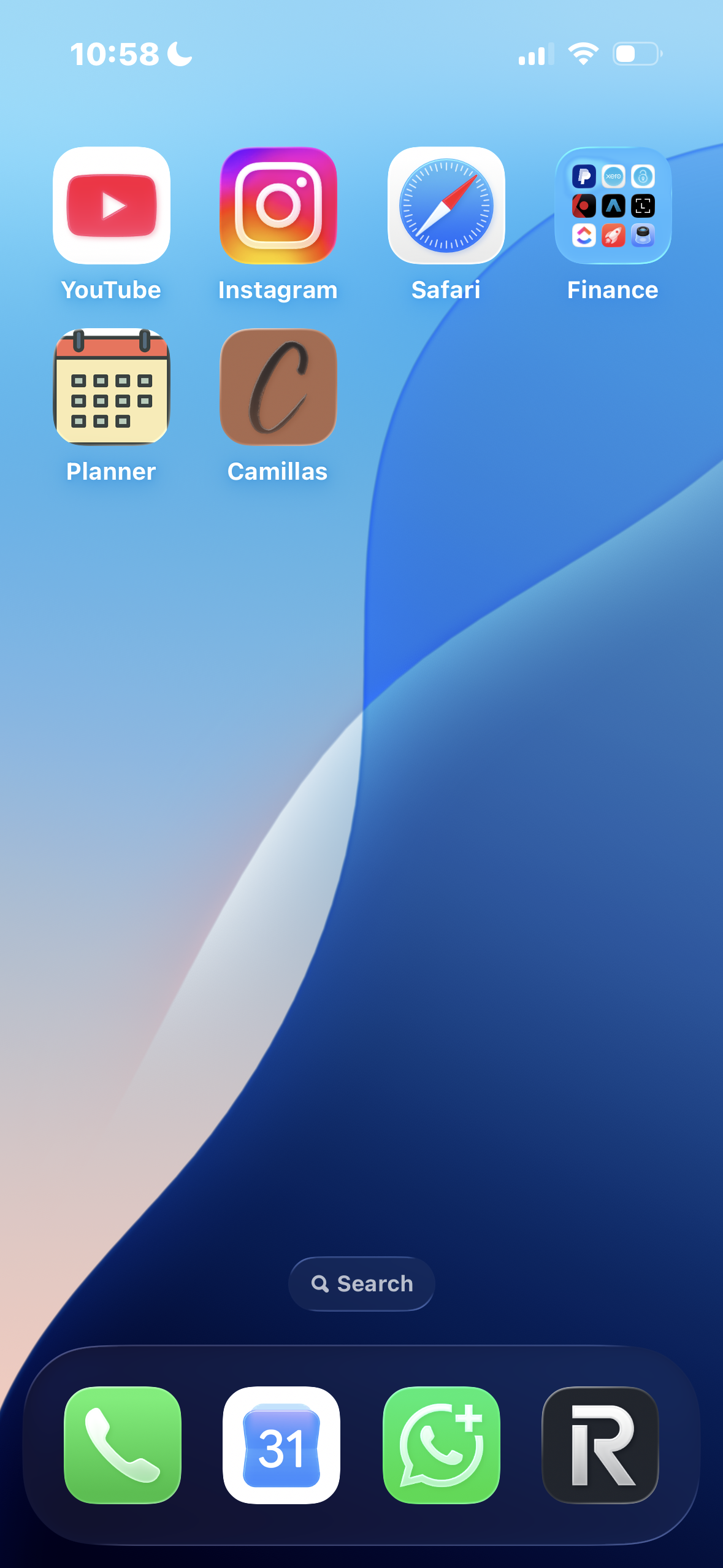 iPhone home screen displaying app icons for YouTube, Instagram, Safari, and other apps, over an abstract blue and white wallpaper.