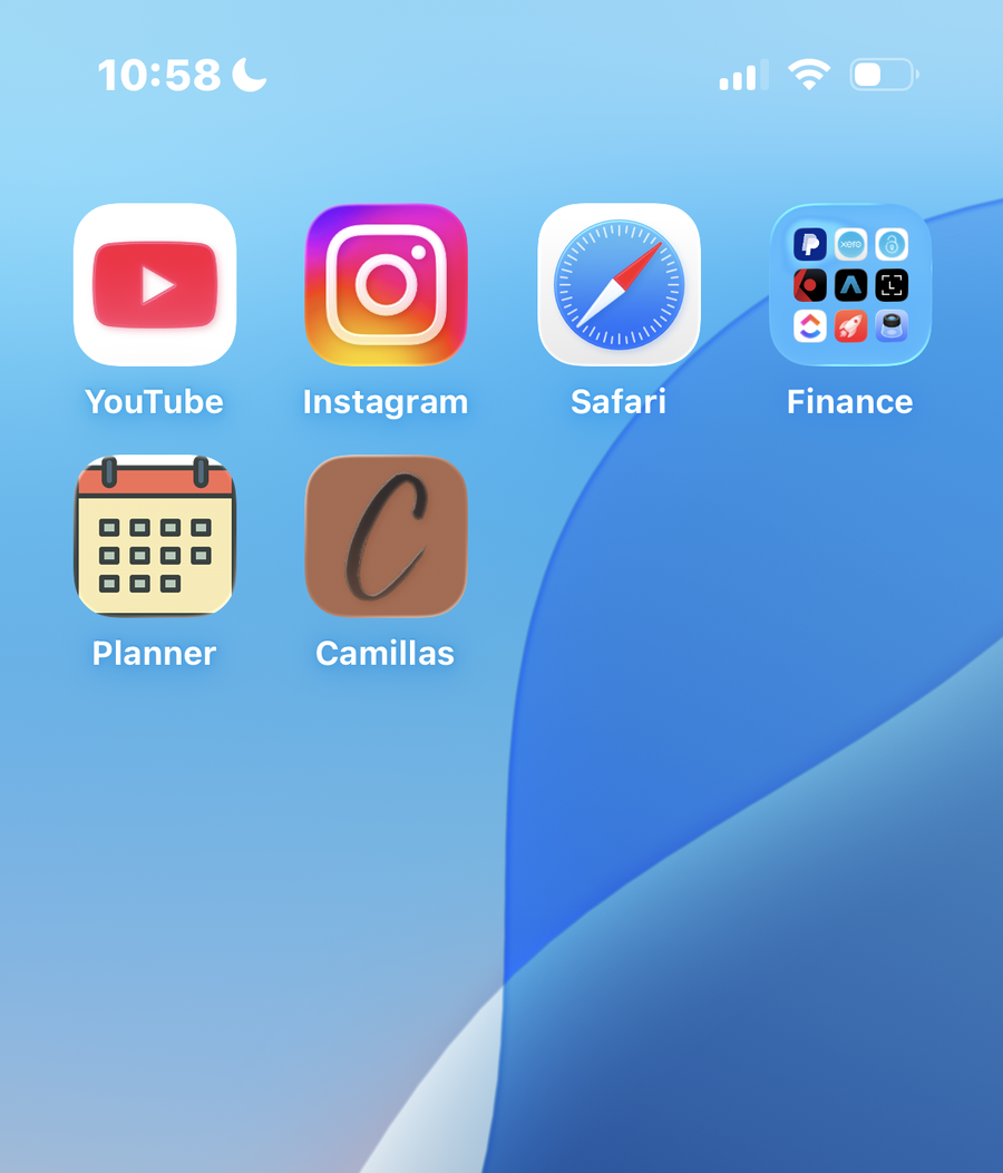 iPhone home screen displaying app icons for YouTube, Instagram, Safari, and other apps, over an abstract blue and white wallpaper.
