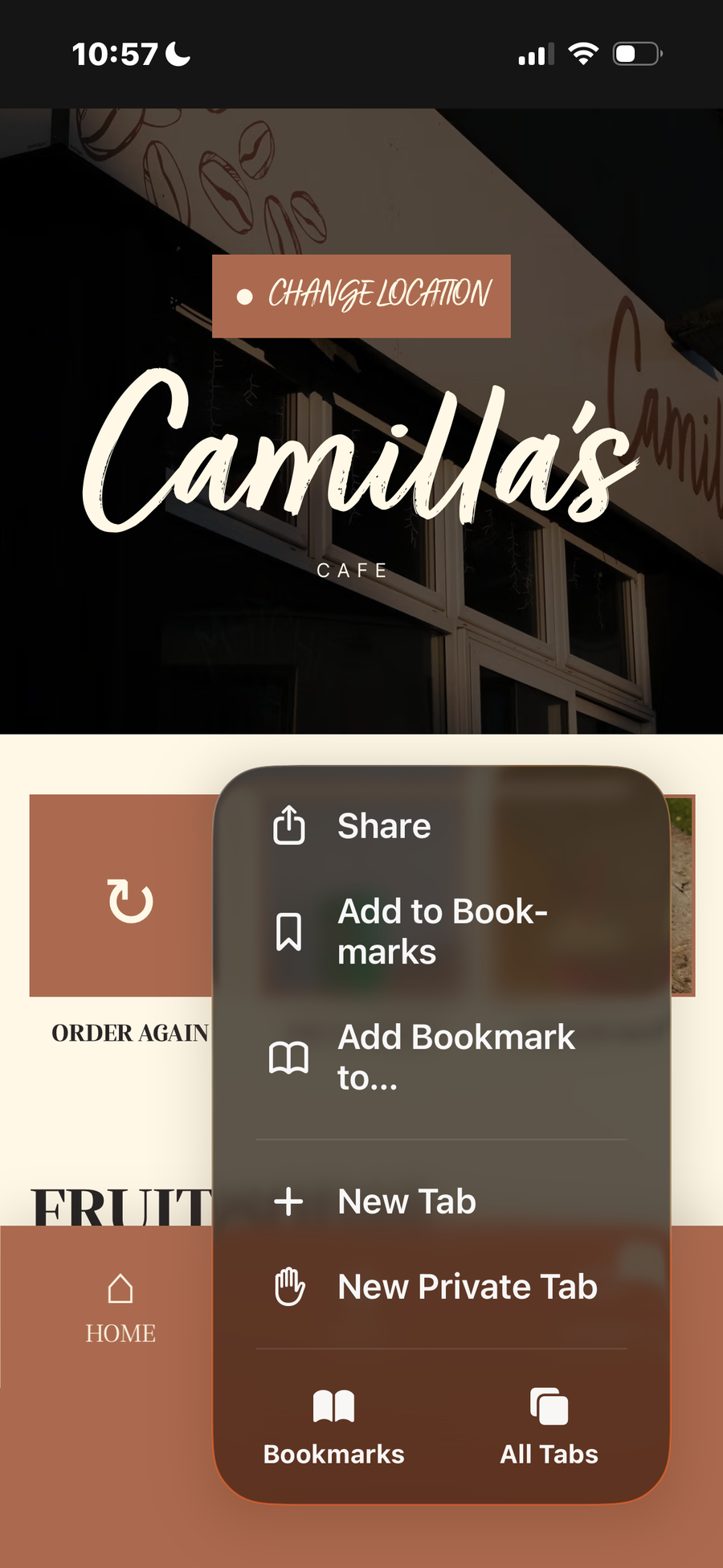 A phone screen shows a Camilla's Cafe webpage with an open browser menu offering options like Share, Add to Bookmarks, and New Tab.