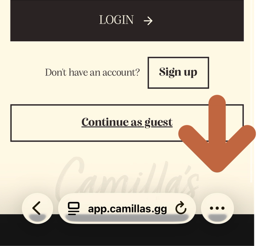 A mobile screen showing the Camilla's Cafe ordering app with menu categories like 'Fruit Sodas' (depicting a Sprite can) and 'Milkshakes'.