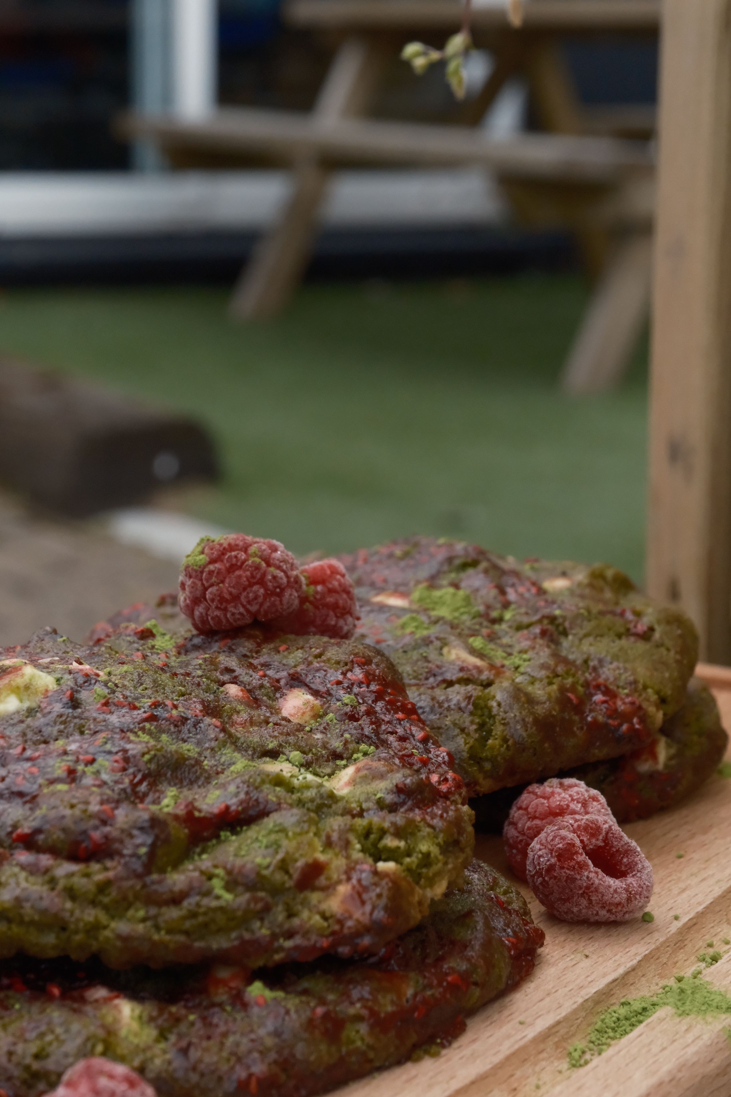 A matcha raspberry cookie