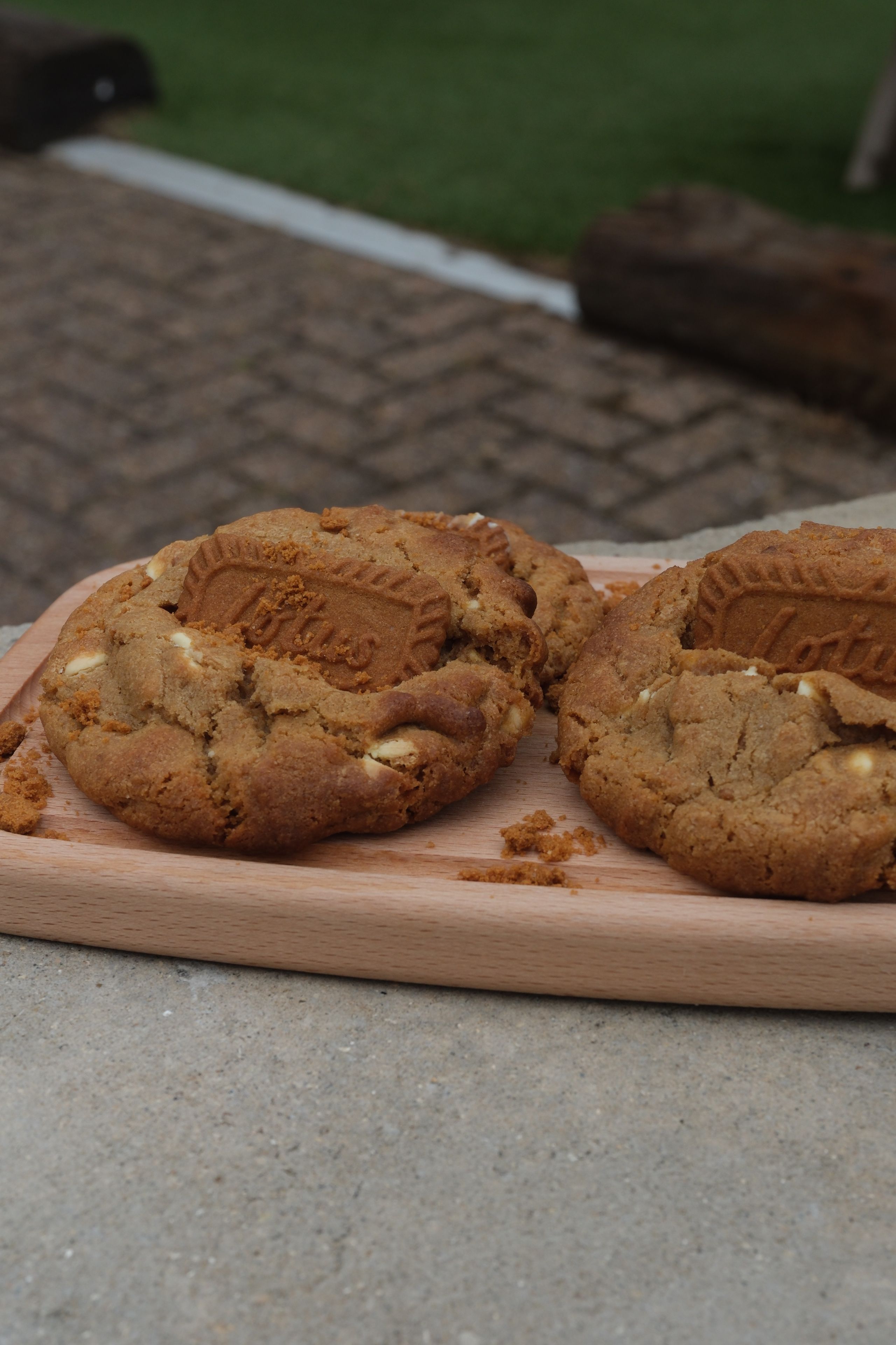Golden-brown white chocolate chip cookies with Lotus Biscoff biscuits on top