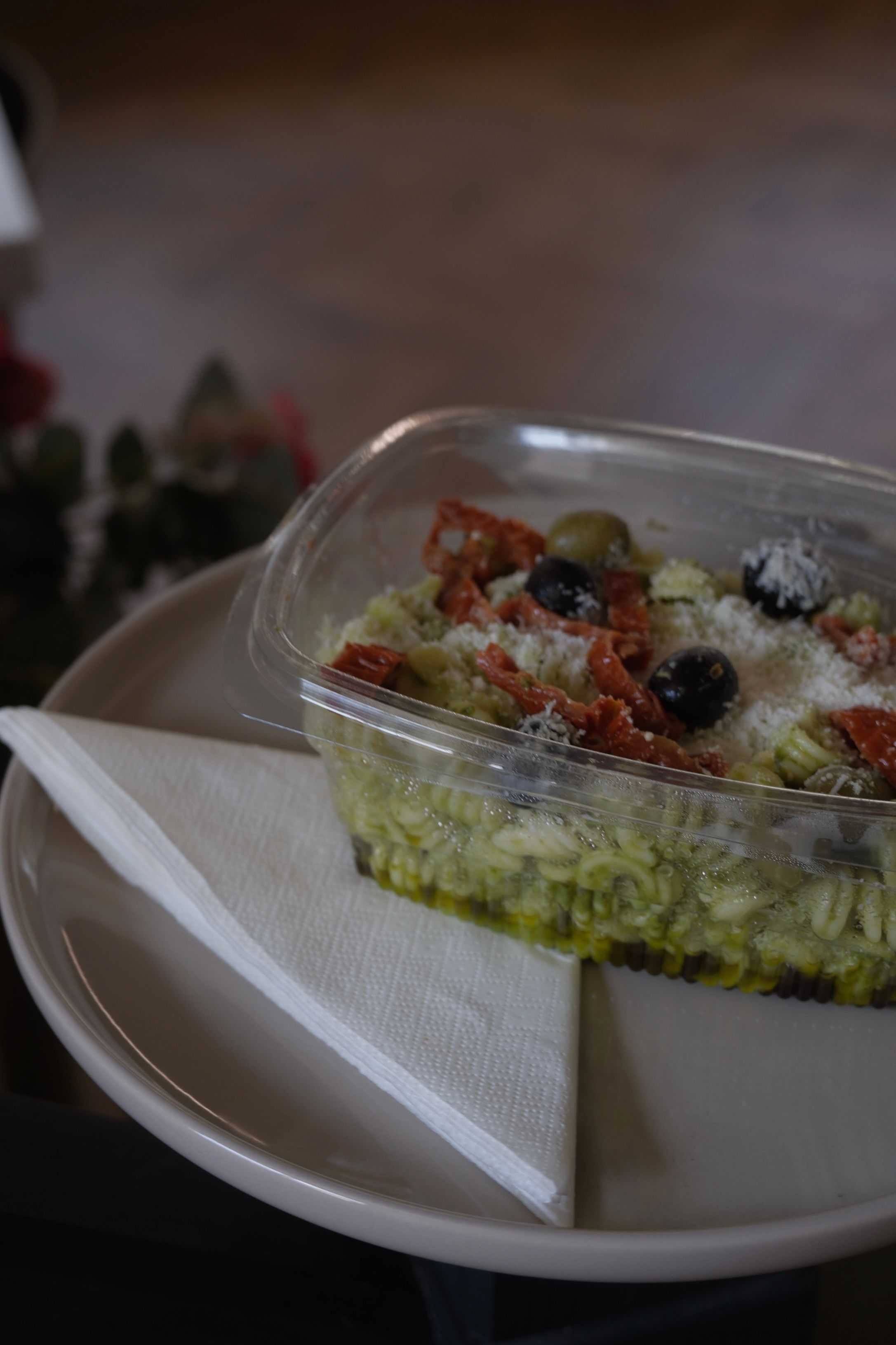 A bowl of pasta salad