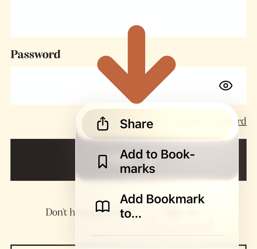A mobile interface with a context menu showing 'Share', 'Add to Bookmarks', and 'Add Bookmark to...' options. An orange arrow points to 'Share'.