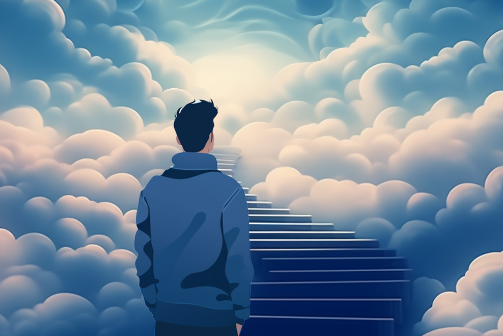 En person tittar upp mot en trappa som leder upp i molnen.
