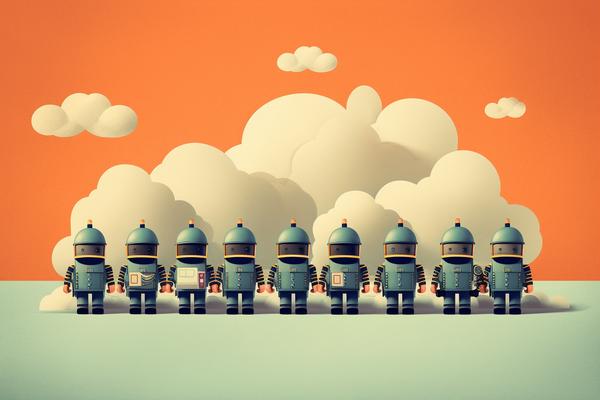 Flat design illustration of a line of robots guarding a cloud