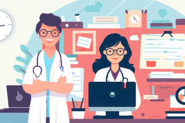 Flat design illustration of a doctor and a medical secretary