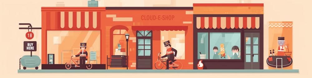Flat design illustration of a row of shops with secuirty guards on patrol