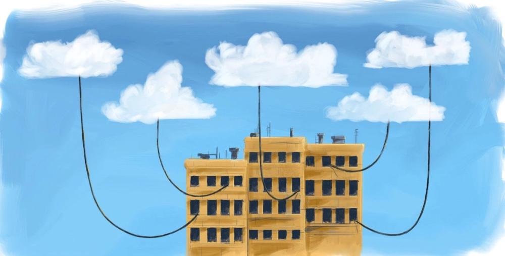 Illustration of a building surrounded by clouds