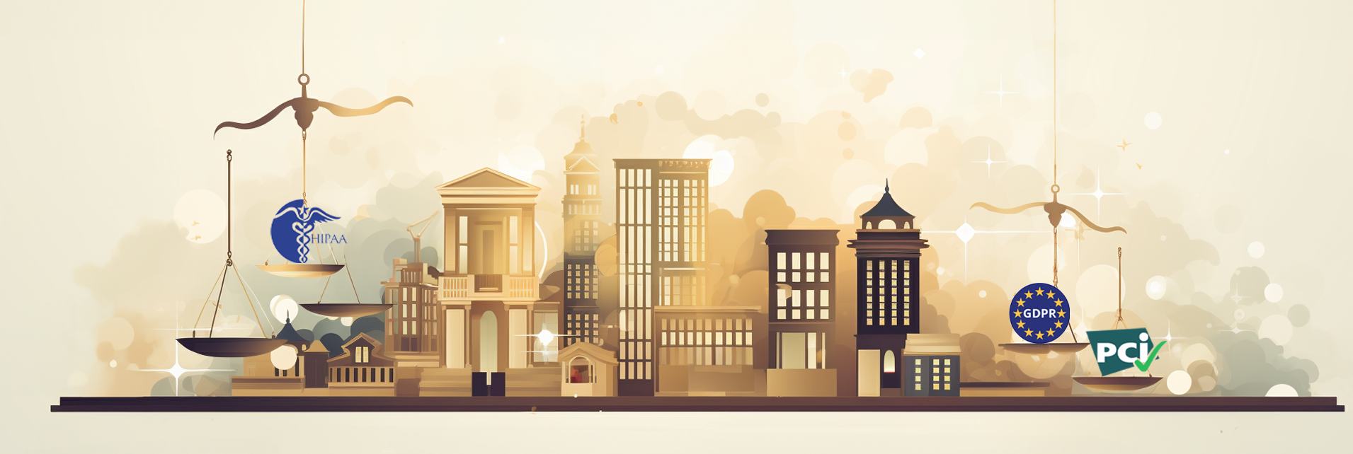 Illustration av en stad tillsammans med vågskålar med HIPAA, GDPR och PCI logos.