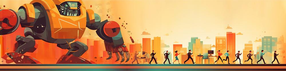 Flat design illustration of a robot monster and tiny people running away